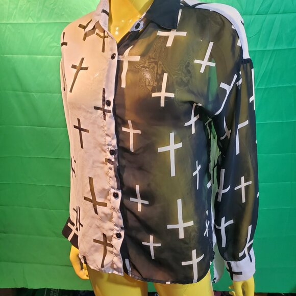 Kpop style black and white button down shirt long sleeves cross pattern goth - Picture 8 of 10